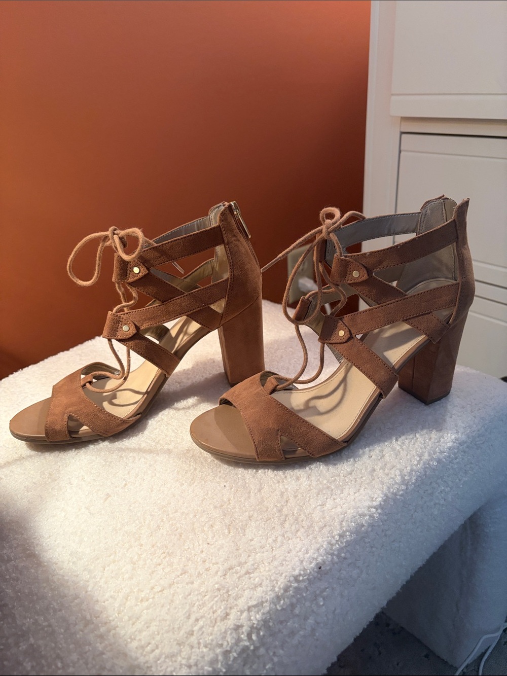Women’s Sam Edelman Circus Lace-Up Tan Suede Heeled Sandals - Picture 2 of 3